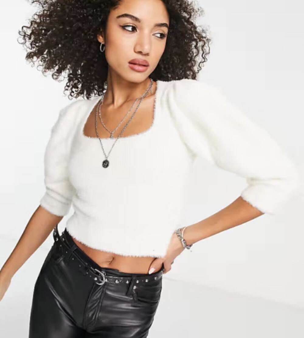 Free People Moonbeam Fluffy White Puff Sleeve Sweater Top Size M
